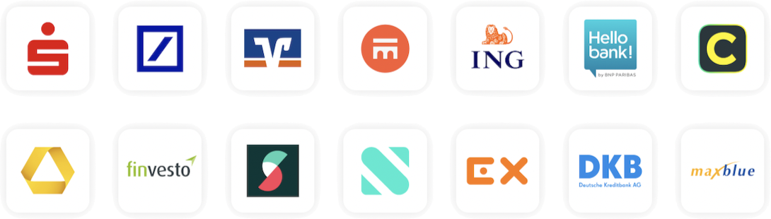 Logos von 15 bekannten Banken und Brokern.