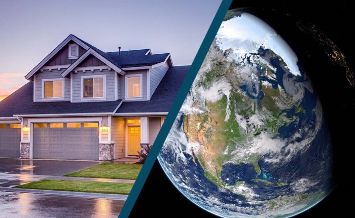 Geteiltes Bild: links Einfamilienhaus bei Dämmerung, rechts Erdkugel aus dem Weltall.