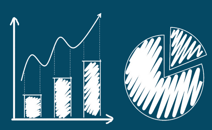 Weiße Skizze eines Balkendiagramms und eines Tortendiagramms auf blauem Hintergrund.