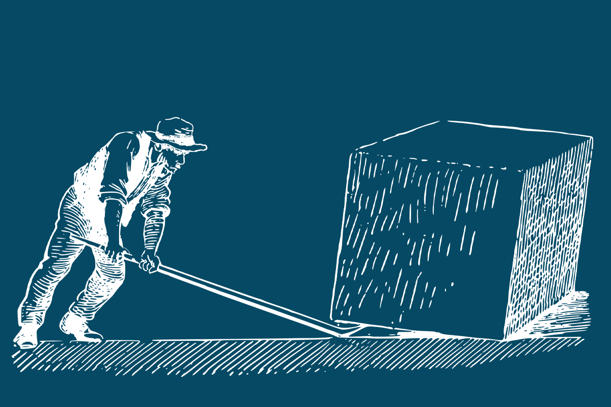 Illustration eines Mannes, der mit einer Hebelstange versucht schwere Quader zu verschieben.
