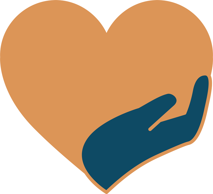 Stilisierte, blaue Hand in einem orangen Herz.