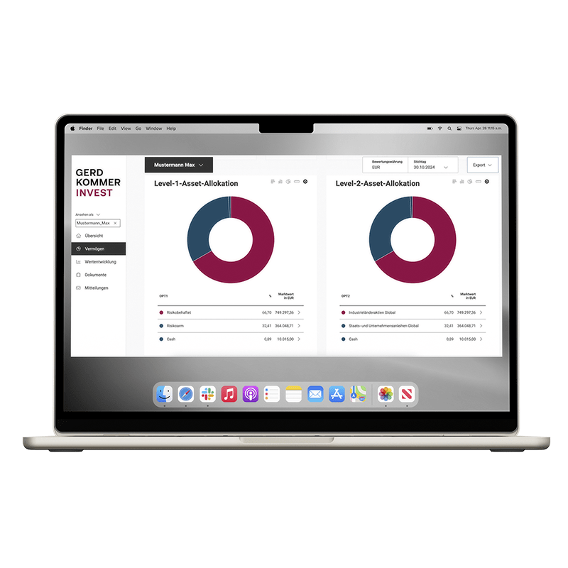 Laptop zeigt Asset-Allokation mit Tortendiagrammen im Gerd Kommer Invest Dashboard.